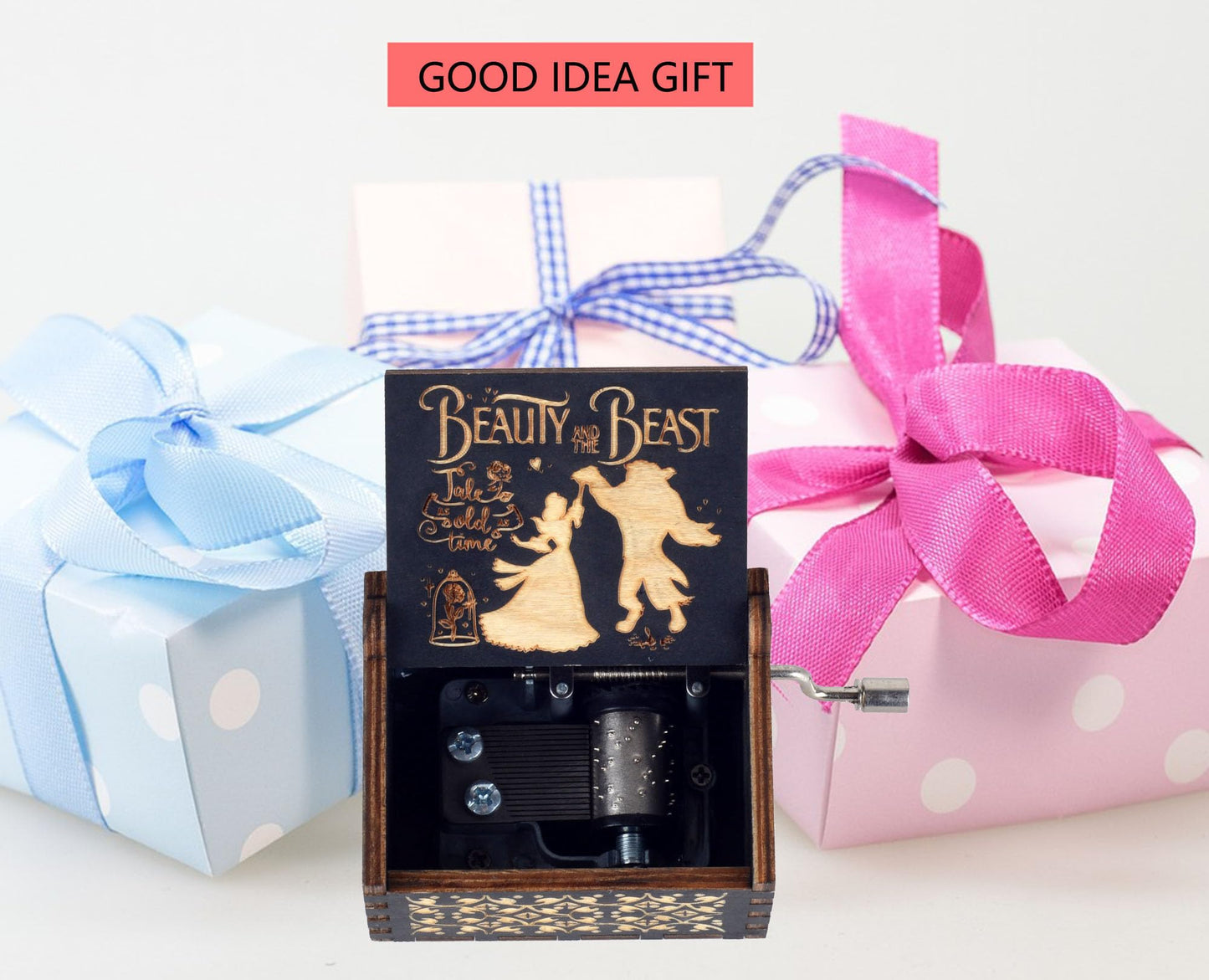Ddjbdb Beauty Music Box Beast, 18 Note Mechanism Antique Carved Wooden Hand Crank Musical Box Crafts,Valentine Christmas Birthday Gift for Her Wife Girlfriend