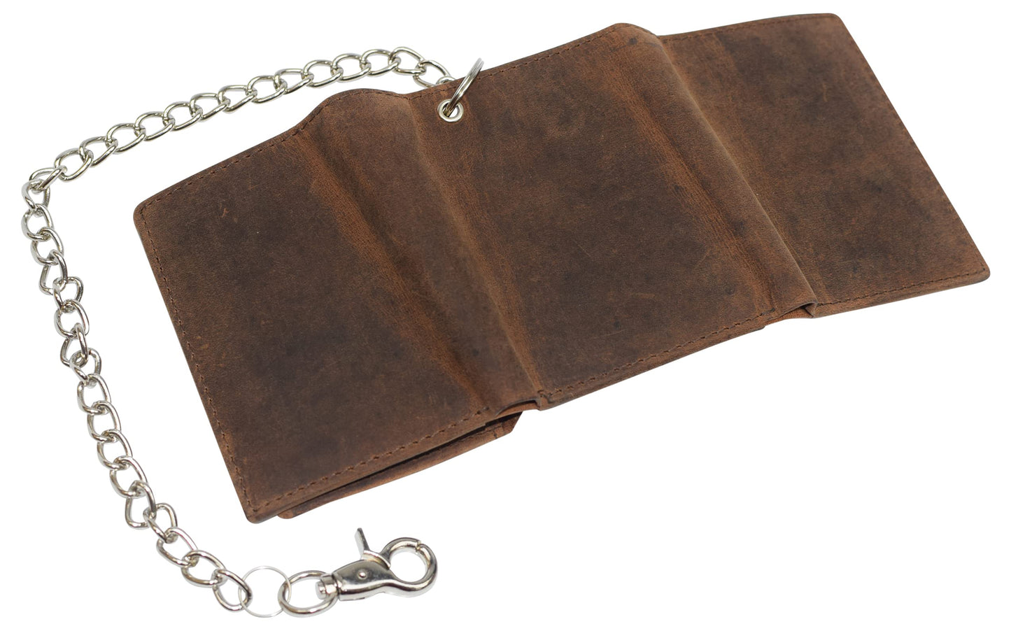 RFID Blocking Mens Chain Biker Vintage Genuine Leather Classic Trifold Wallet (Brown with Chain)