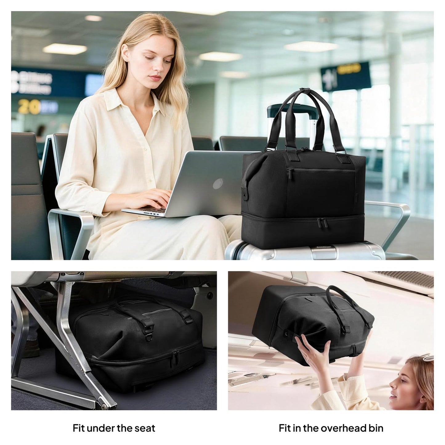 Travel Duffle Bag for Women,40L Weekender Bags Airline Approved Carry On with Shoe Compartment & Waterproof Wet Pocket, Durable Nylon Weekender Overnight Bag for Travel, Gym, Business Trip, Black