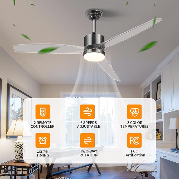 OKELI Clear Ceiling Fan with Light, 52 Inch Black Transparent Ceiling Fans with Light and Remote 3 Reversible Blade LED Ceiling Fan and Light Combo for Living Room, Bedroom, Patio