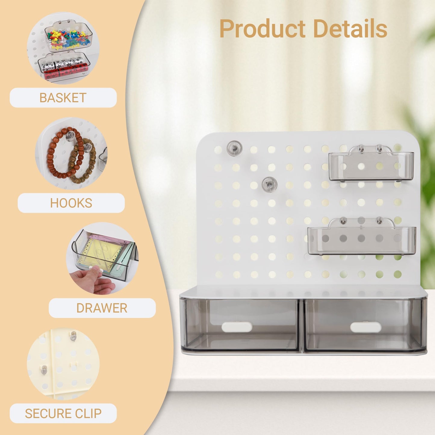 Umbrotiger Pegboard Desk Organizer with Drawers and Hooks 2-Pack - Yellow and White Storage Box for Office, Study Room, Dorm, Craft Room & Vanity | Multifunctional Small Space Solution