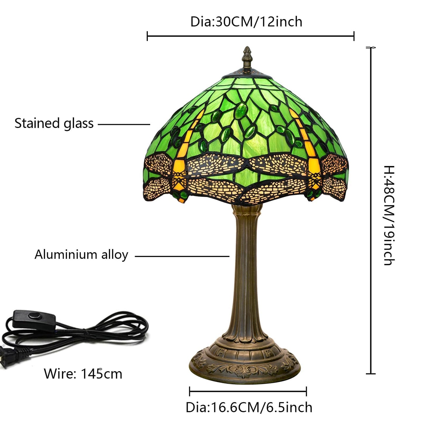 wecrejoni Tiffany Lamp Green Dragonfly Stained Glass Table Lamp 12X12X18 Inches Green Dragonfly Style Desk Reading Light Decor Beside Bedroom Living Room Home