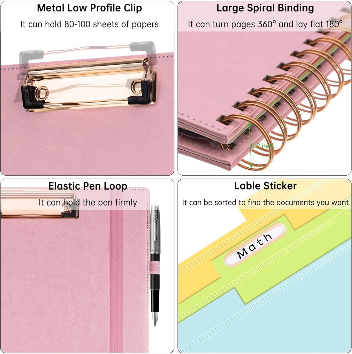 HAUTOCO Spiral Leather Clipboard Folio with Notepad (8.5 x 11''), 5 Folders with 10 Pockets, Storage Zipper Pouch, Pen Loop, 39 Stickers, Padfolio Organizer for Work School, Pink