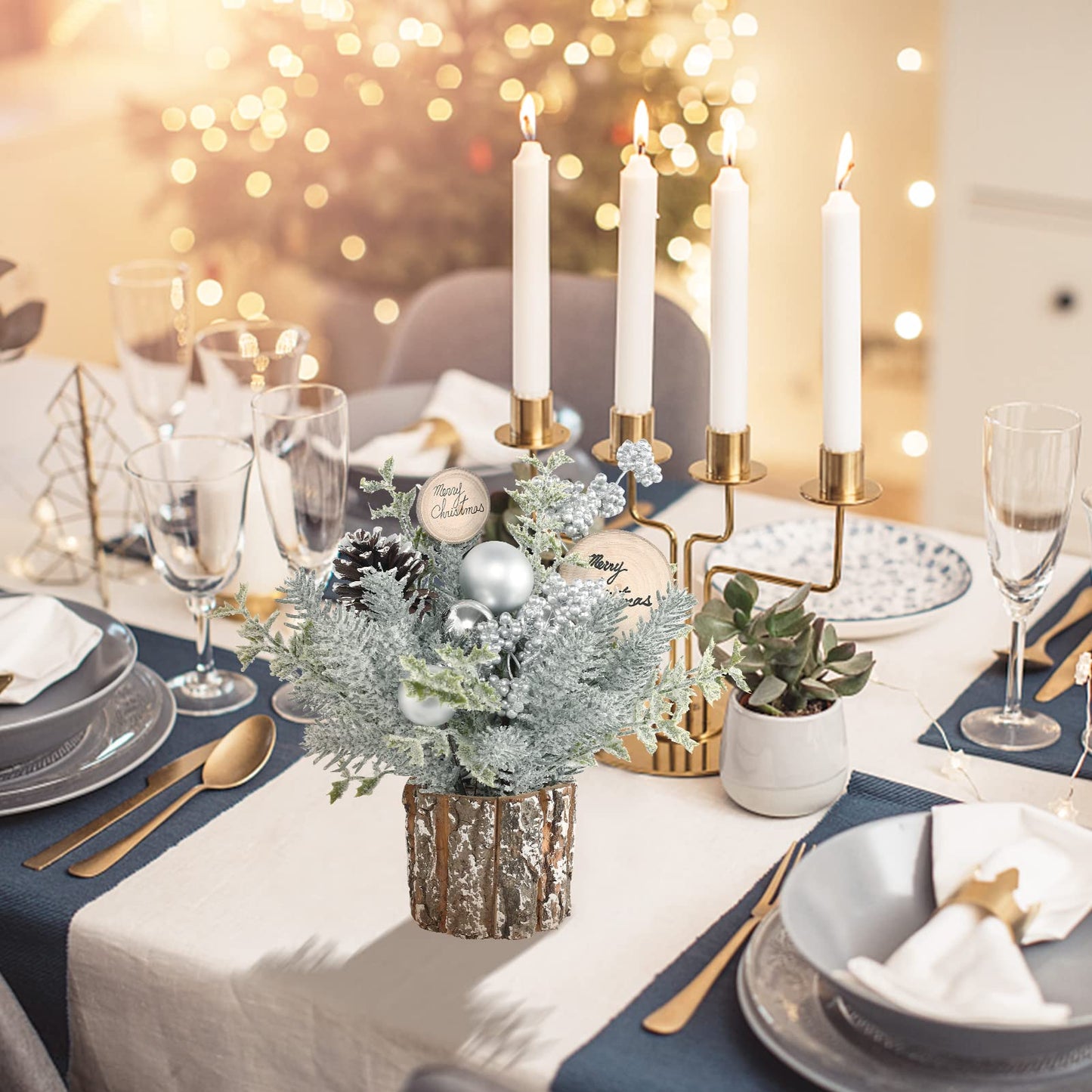 Super Holiday Small Winter Christmas Tree, Artificial Mini Tabletop Christmas Tree Decorations with Christmas Ornaments, for Home Party Thankgivings Christmas Decor, Silver/White-Indoor.
