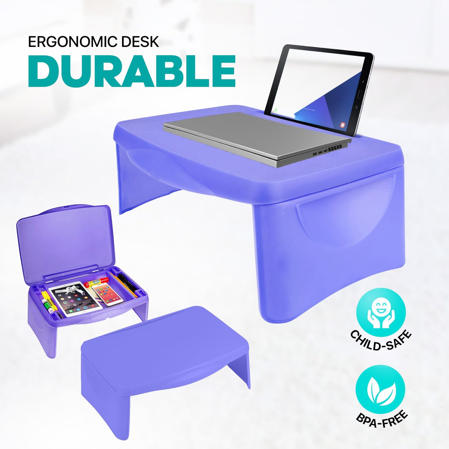 MAVOCRAFT Foldable Kids Lap Tray with Storage - Portable Lap Desk Kids & Adults - Kids Lap Desk for Breakfast in Bed, Serving Tray, Car Desk & Gaming (Purple)