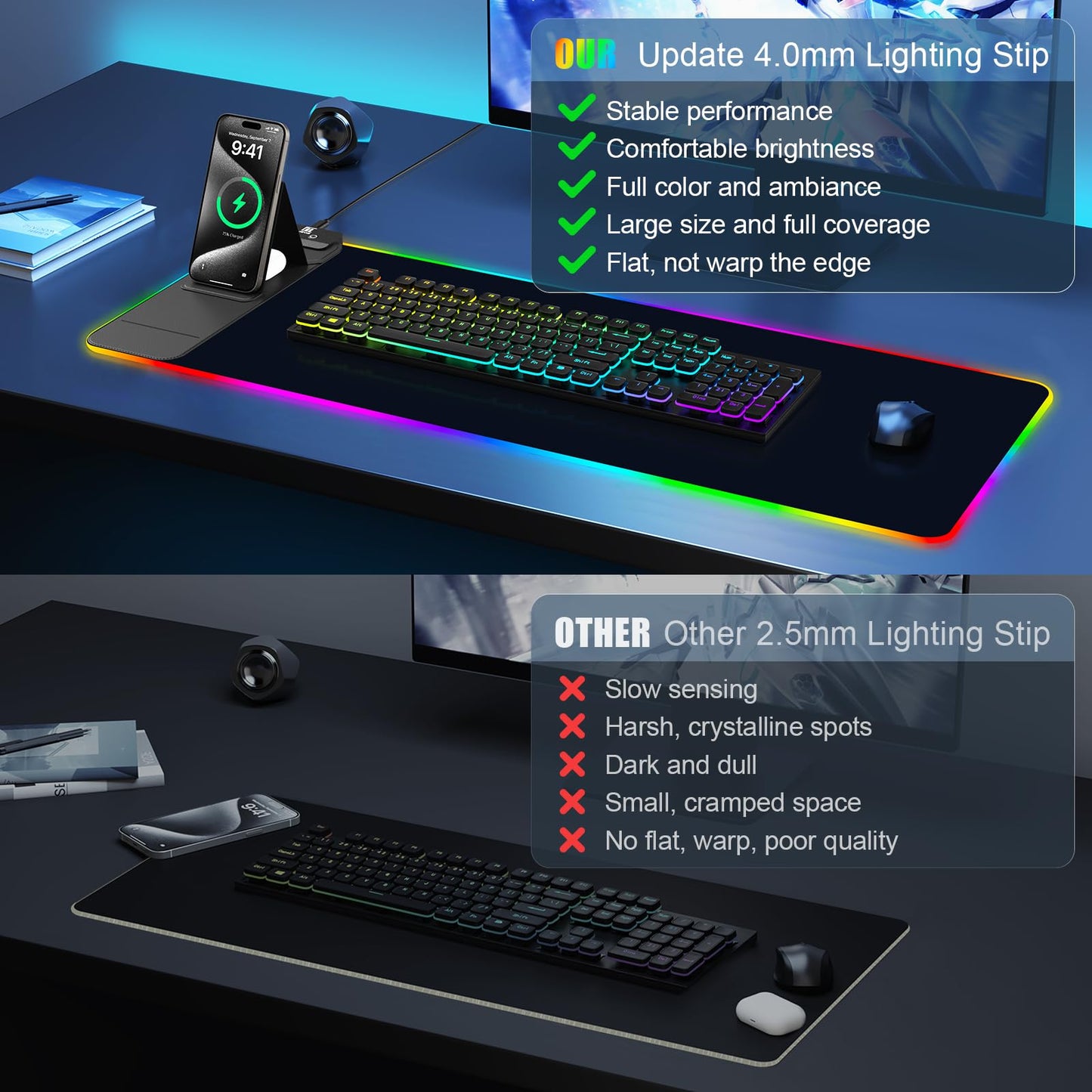 RGB Mouse Pad with Foldable Phone Stand Wireless Charger, 31.5"x11.8" XL Gaming Mousepad Large Desk Mat, Desk Pad with 11 Colors 5 Modes, Waterproof (Black with PD Adapter)