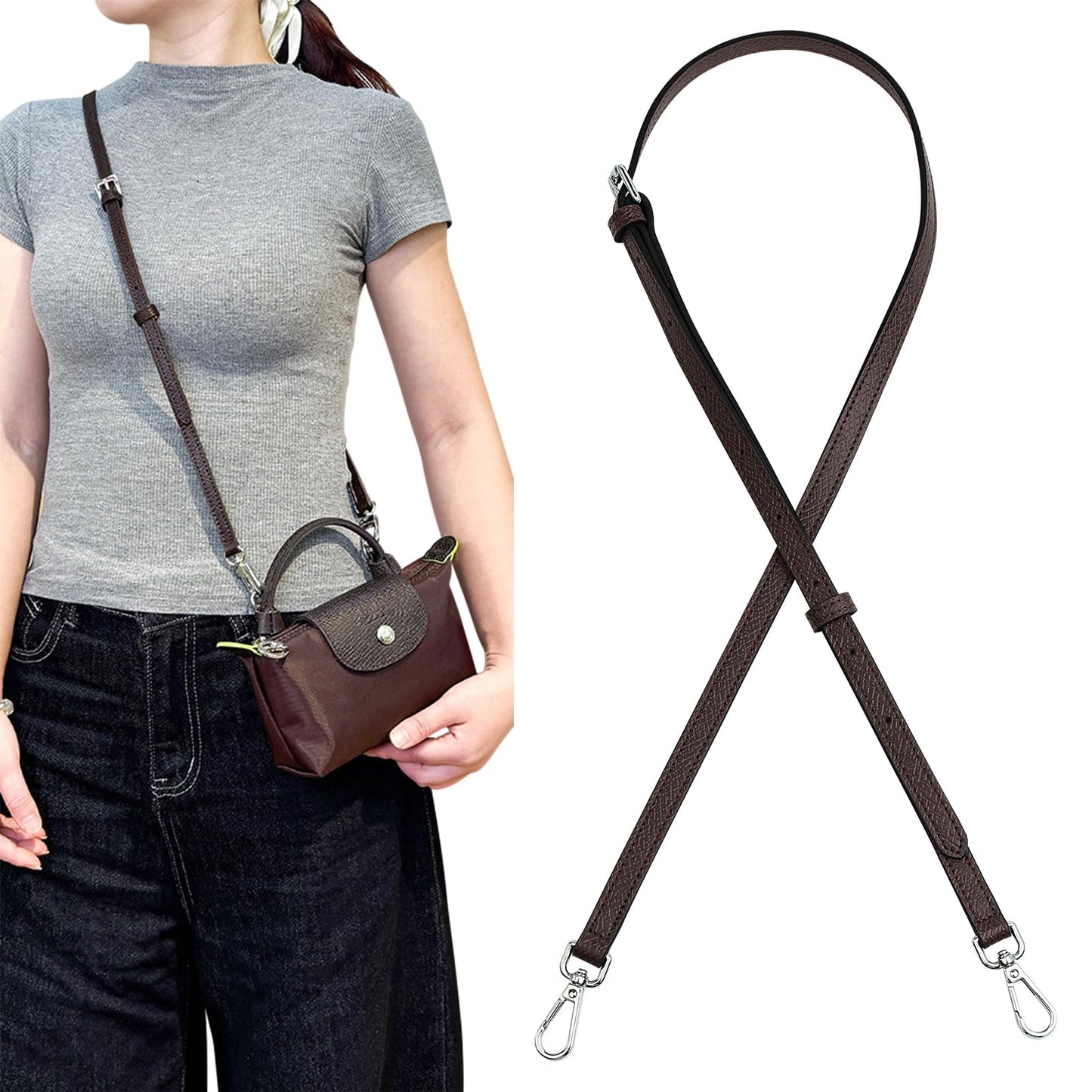 HUXRY CARCH Bag Leather Shoulder Strap Adjustable Crossbody Replacement Fit for Le Pliage Mini Pouch(Mocha)