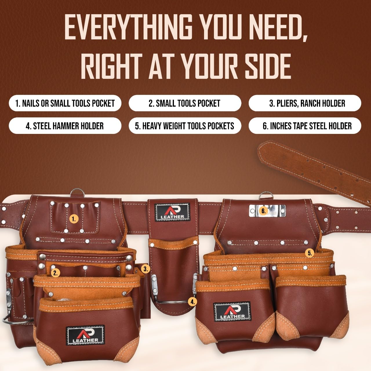 AP-LEATHER PRO-19 4MM Genuine Full Grain Leather Tool Belt for Men, tool belt with suspenders, Comfort Back Padded Support with Brass Hardware Tool Pouches With Suspenders (28 Pocket Tool Belt)