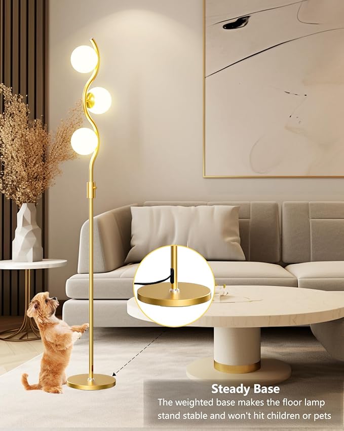 Lightdot 60IN Gold Floor Lamp Stepless Dimmable Globe Floor Lamps with 3Pcs 3000K G9 Bulbs Eye-Friendly Mid Century Standing Lamps with Stable Base for Living Room/Bedroom/Corner/Office