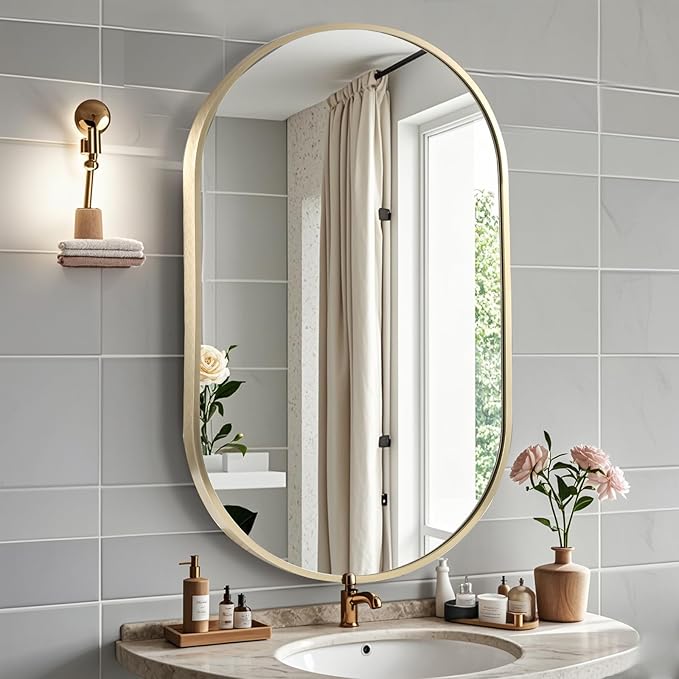 22x30 inch Oval Bathroom Mirror, Gold Vanity Wall Mirror with Brushed Metal Frame, Wall Mirrors for Bathroom, Entryway, Over Sink, Living Room