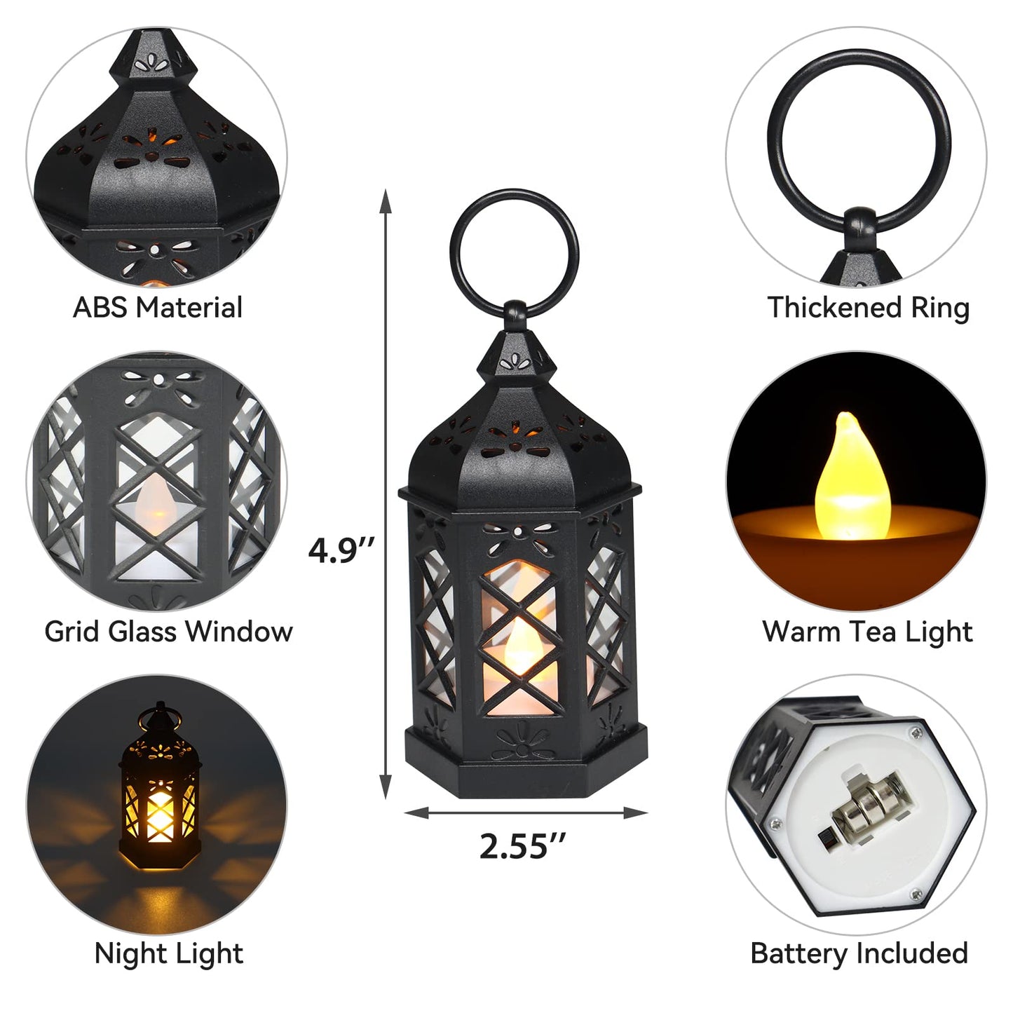 Reperla 12-Pack Mini Lanterns, Small Candle Lanterns Decorative, Black Tea Light Lantern, Ramadan Eid Decor, Table Centerpiece for Wedding Halloween Christmas, Easter Decorations, Battery Included