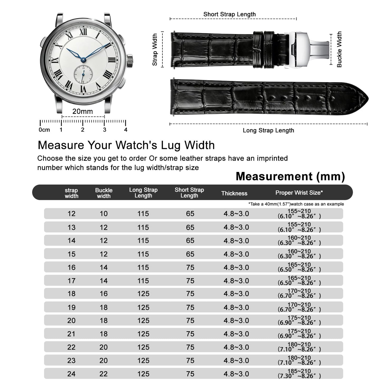 EREBUSE Genuine Leather Watch Strap 18mm 20mm 22mm, Classic Replacement Watch Band for Men Women, Soft Padded Cowhide with Silver Butterfly Deployment Clasp