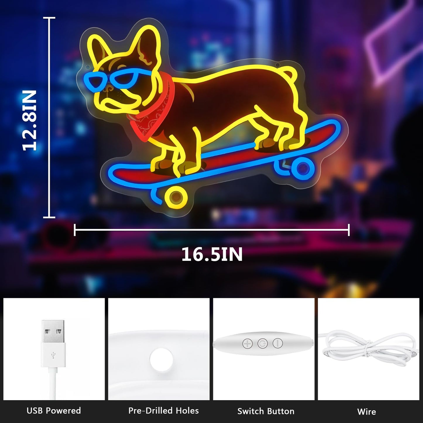 French Bulldog Skateboarding Neon Sign, Skateboard Dog Frenchie Wearing Glasses Neon Signs, Dimmable LED Bulldog Wall Art Decor, Frenchie Dog Lover Gifts