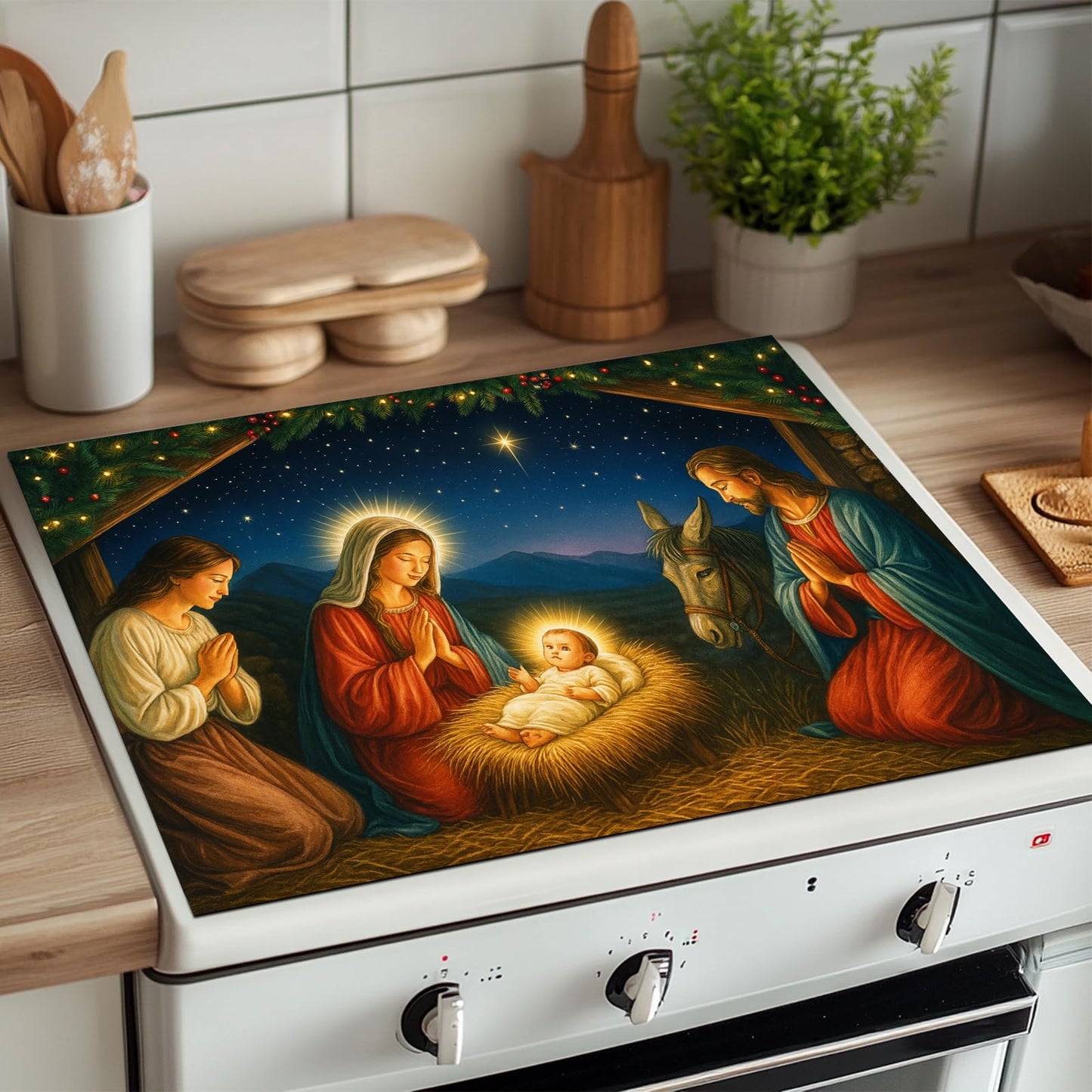 HOMETITUTE Nativity Scene Stove Top Cover 28x20 Inch Glass Top Protector Christmas Religious Kitchen Counter Mat Heat Resistant Silicone Cooktop Cover Holiday Decoration