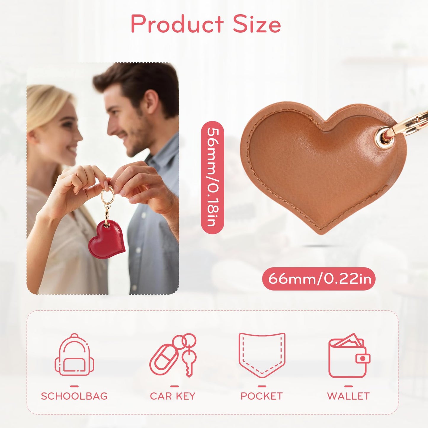 Leather Charm Keychain Holder Case Compatible with AirTag,Cute Protective Heart-Shaped Cover with Luxe Ring Clip,Finder GPS Tracker Case for Wallet Keys,Bag,Pets(Brown)