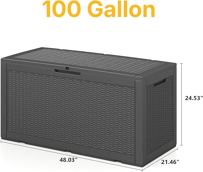 100 Gallon Deck Box Outdoor Waterproof, Rattan Outdoor Storage Box, Patio Storage Boxes for Cushions, Pillow, Garden Tools, Equipment