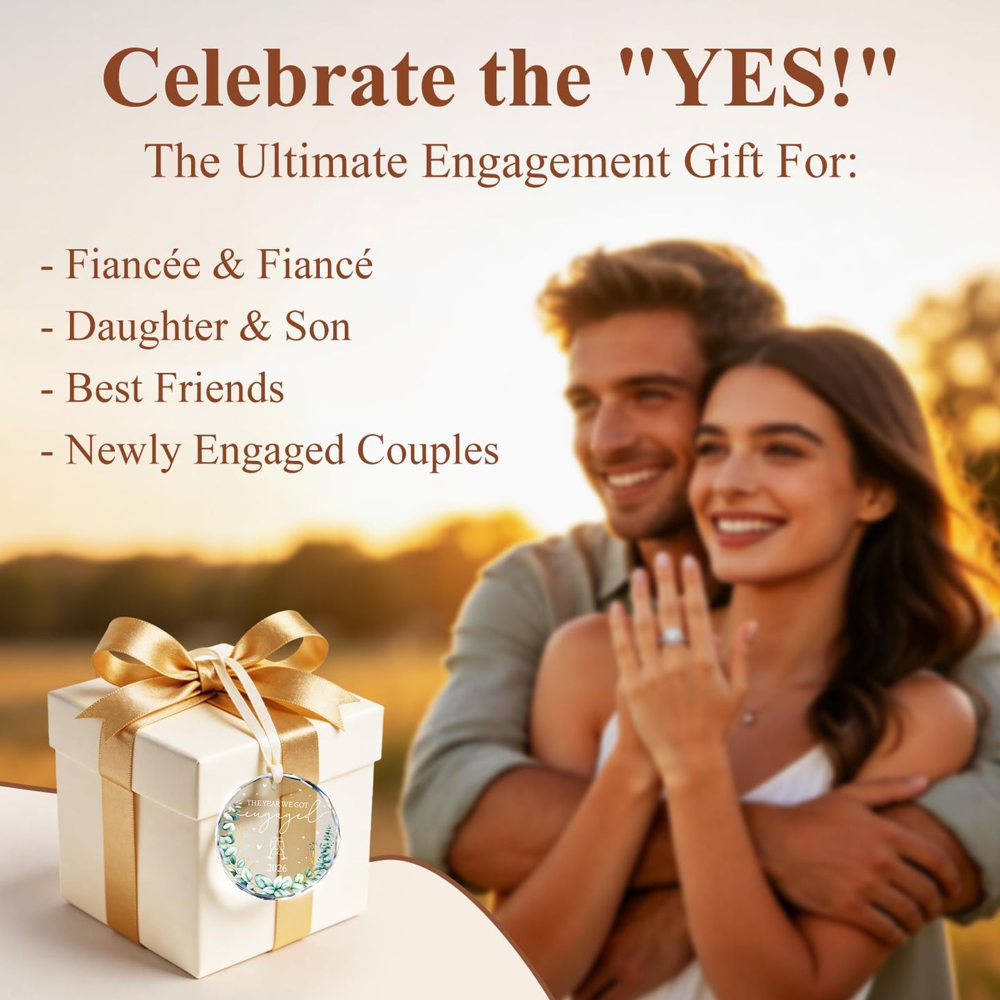 Engagement Gifts for Couples - Crystal Glass 2026 Engagement Ornament, Newly Engaged Gifts for Women, Her - Bride to Be Gift, Fiance Gifts - Engaged Christmas Party Decorations