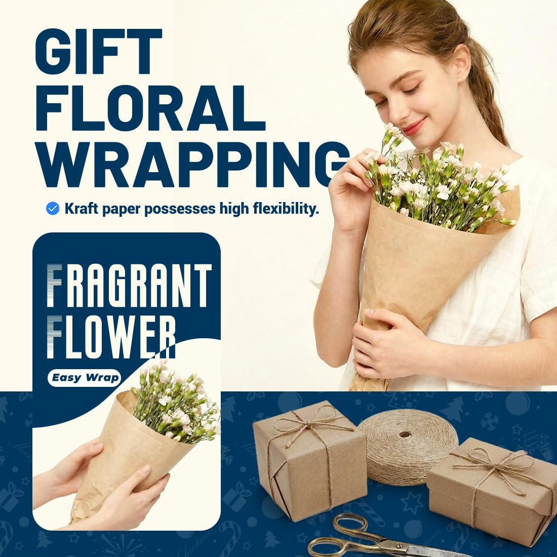 SMART&CASUAL Brown Kraft Paper Roll 36" x 2,160" (180') for Gift Wrapping Bouquet Flower Art Painting Craft Writing Packaging Shipping 70GSM 50LB (Brown, 36" x 180')