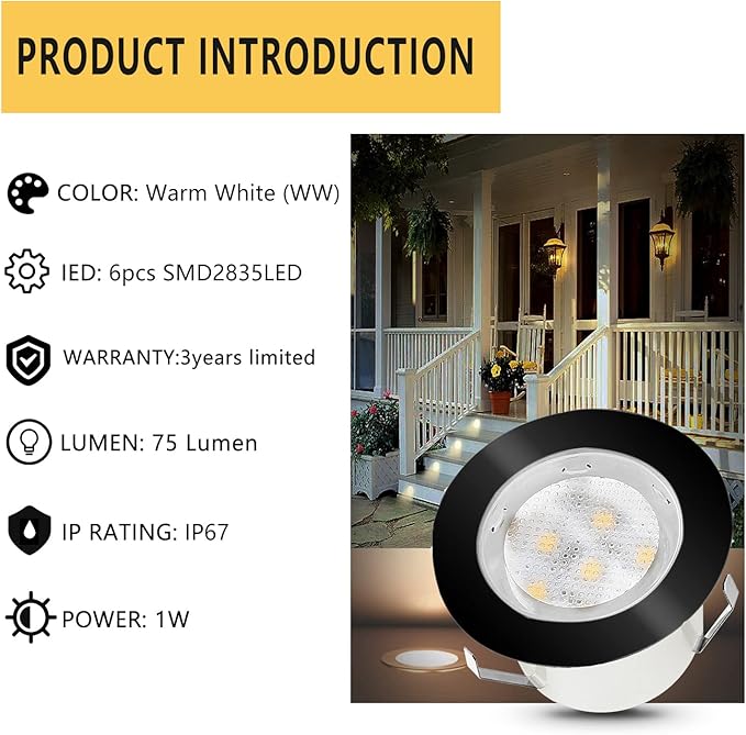 Led Deck Lights Outdoor Waterproof Low Voltage Stainless Steel 1W Outdoor Yard Garden Decoration Lamps Landscape Pathway Patio Step Stairs LED In-ground Lights Black Border(6pcs,Warm White)