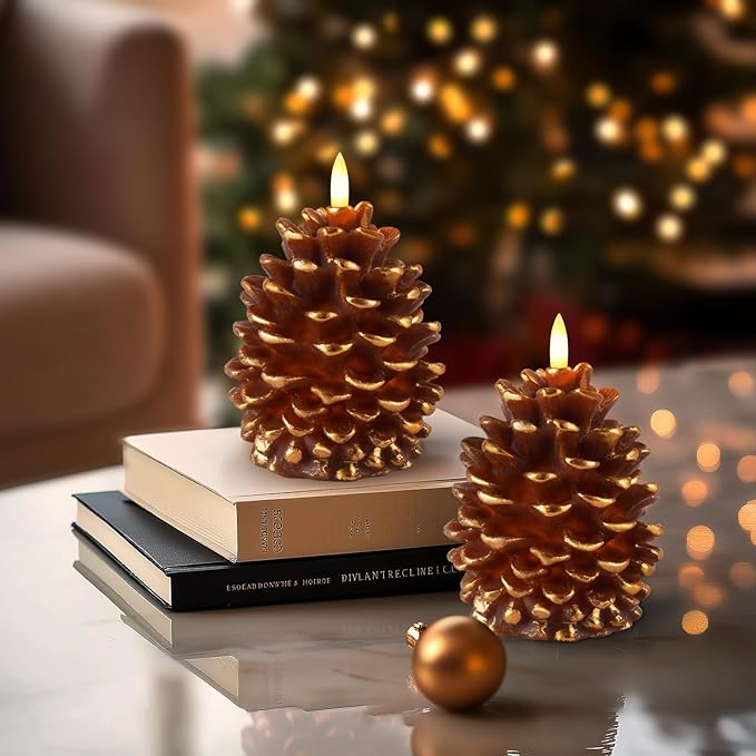 Homemory 2 Pcs Flameless Pine Cone Candle, LED Candles with 6H Timer, Real Wax Battery Operated Candles for Fireplace Decor, Holiday Indoor Decoration,Brown(D3.5 x H5.3 Inch)