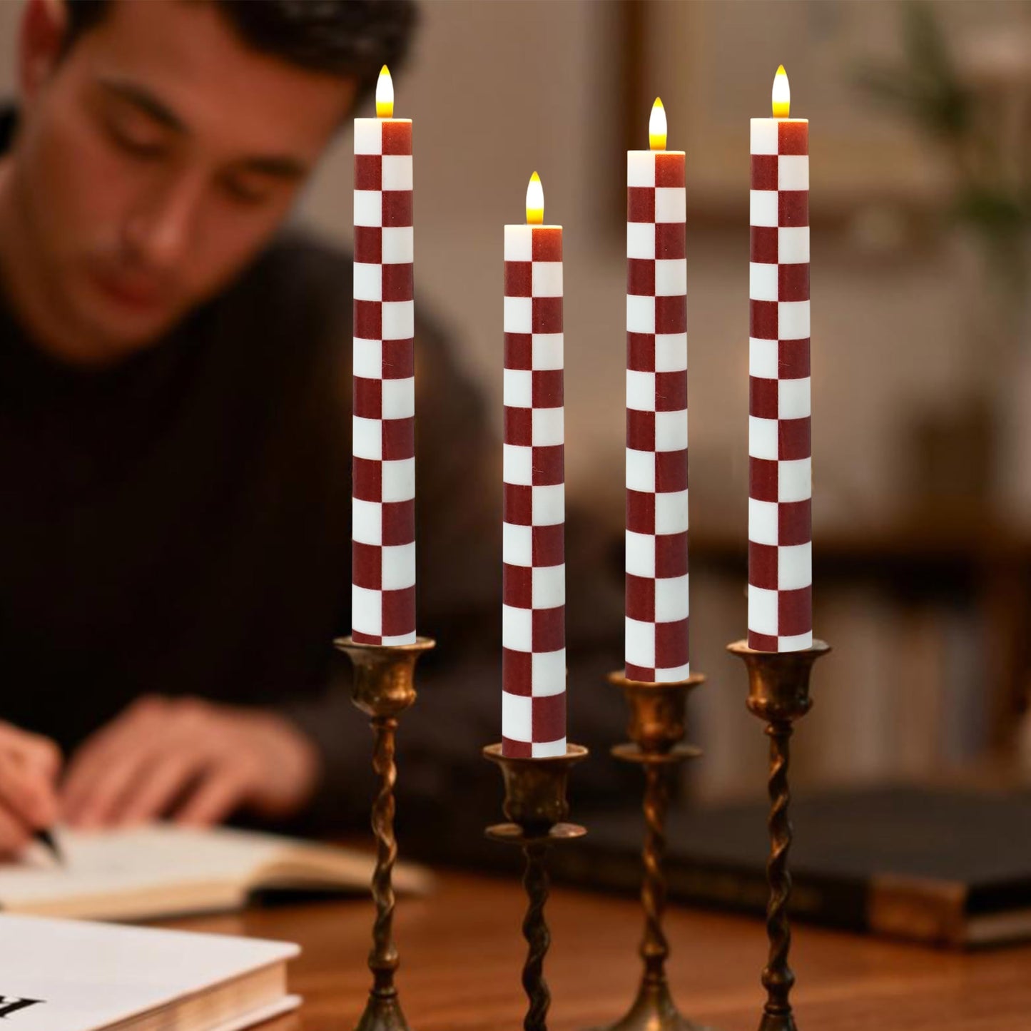 SEUCRWAX 10 Inch Flameless Taper Candles,LED Candlesticks Battery Operated with 10-Key Remote and Timer,4p Flame Lights for Wedding Decoration Party(Chessboard)