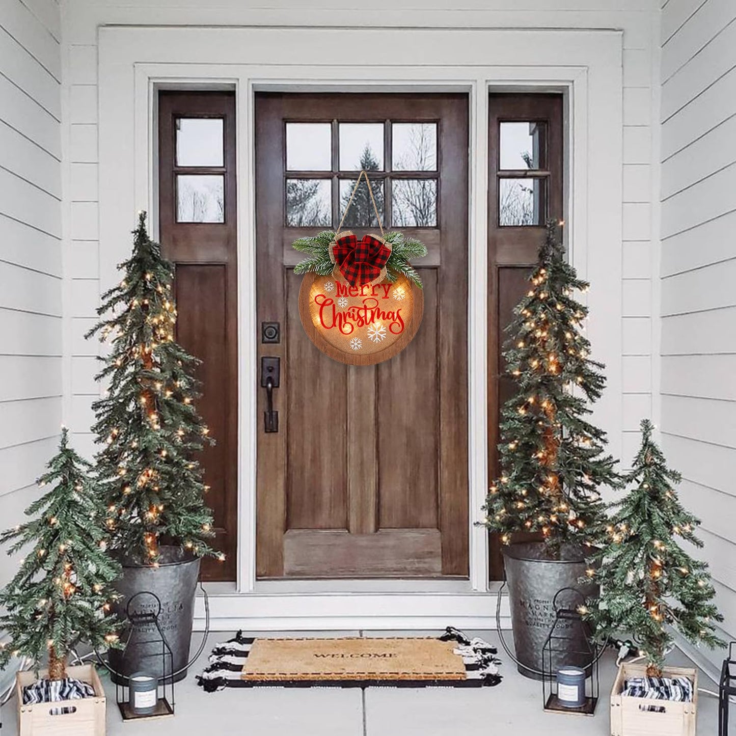 HOMCDALY Christmas Welcome Sign for Front Door, Winter Merry Christmas Wreath, Farmhouse Door Decoration Wooden Hanging Sign, Winter Home Decoration (F-Xmas)