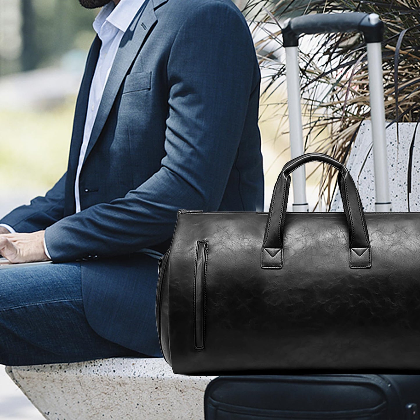 Leather Garment Bag,Convertible Garment Duffel Bag for Travel Mens Suit Bag 2 in 1 Waterproof Foldable Carry on Garment Bag with Shoulder Strap Weekender Bag with Shoe Pouch