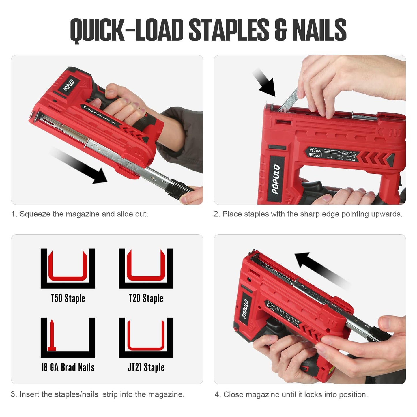 POPULO Electric Staple Gun 4 in 1 Cordless Stapler, 4V Rechargeable Band Nailer, Nail Gun Battery Powered with 2,000 Staples and Nails, Power Tacker Staple Gun for Wood, Upholstery, DIY
