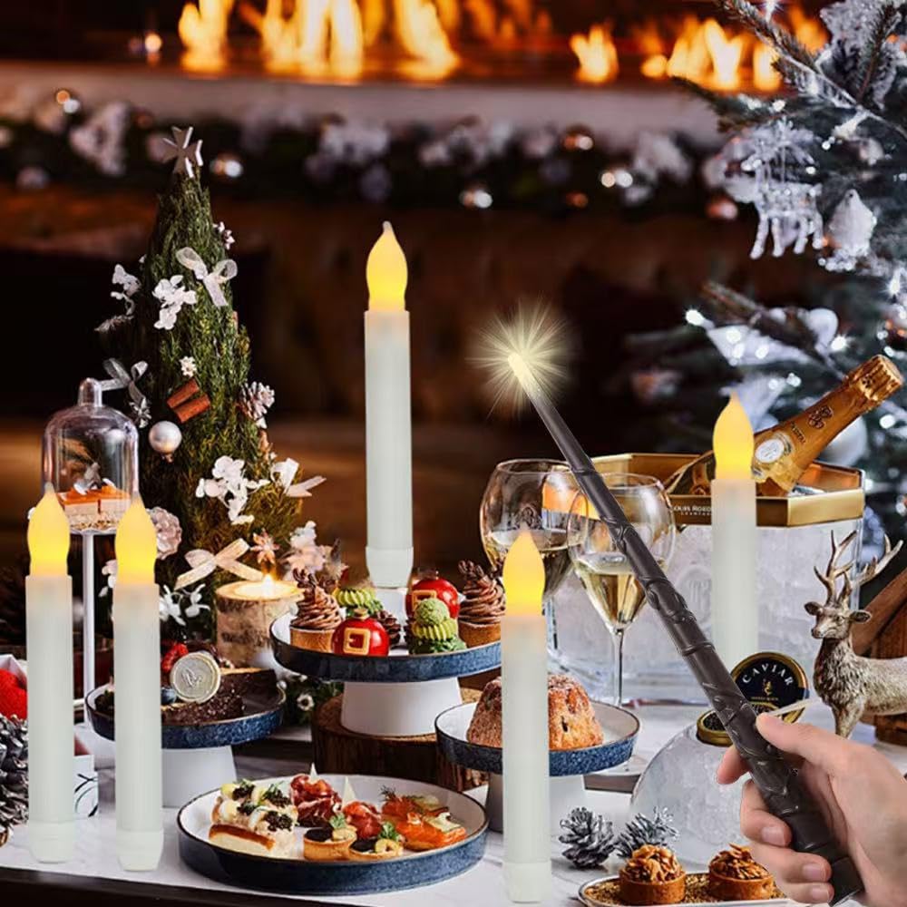 LONGSUOCHUANG 12 Pcs Floating Candles with Wand, Warm Yellow Flameless LED Taper Candles with Remote, Battery Operated Flickering Lights for Halloween Christmas Party Window Decor