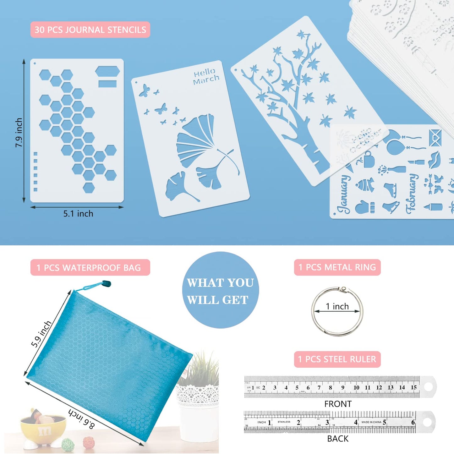 Midenco 30 PCS Bullet Journals Stencils Supplies (5.1x7.9 Inch) Plastic Planner Stencil for Journaling Bujo Accessories Incl Ultimate Productivity and Monthly Seasonal Holiday Themes Stencil