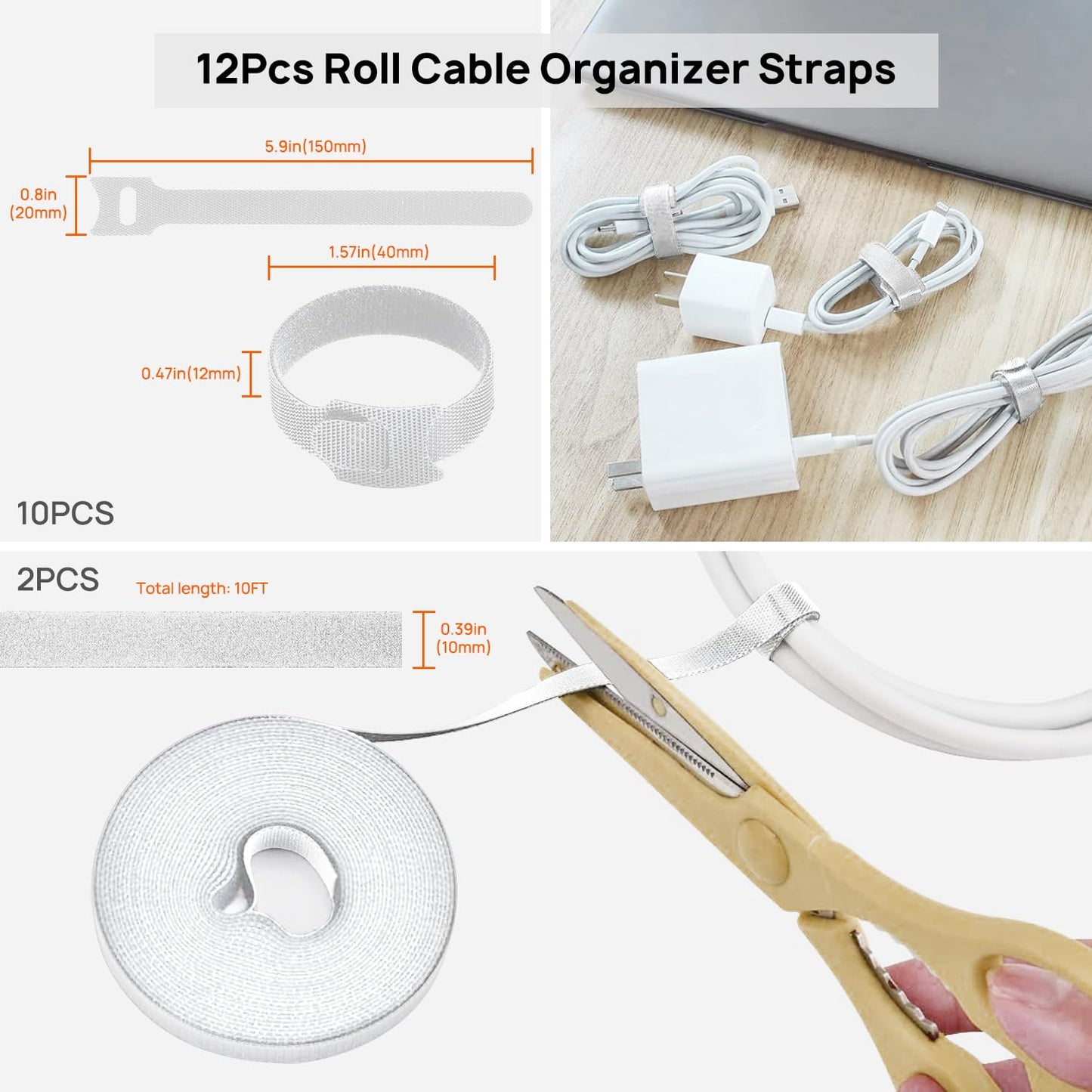 Ditar Cable Management Kit - 4 Cable Sleeve, 28 Self Adhesive Cable Clips, 29 Cord Holders, 10+2 Roll Cable Organizer Straps and 100 Fastening Cable Ties for TV Computer Under Desk (White)