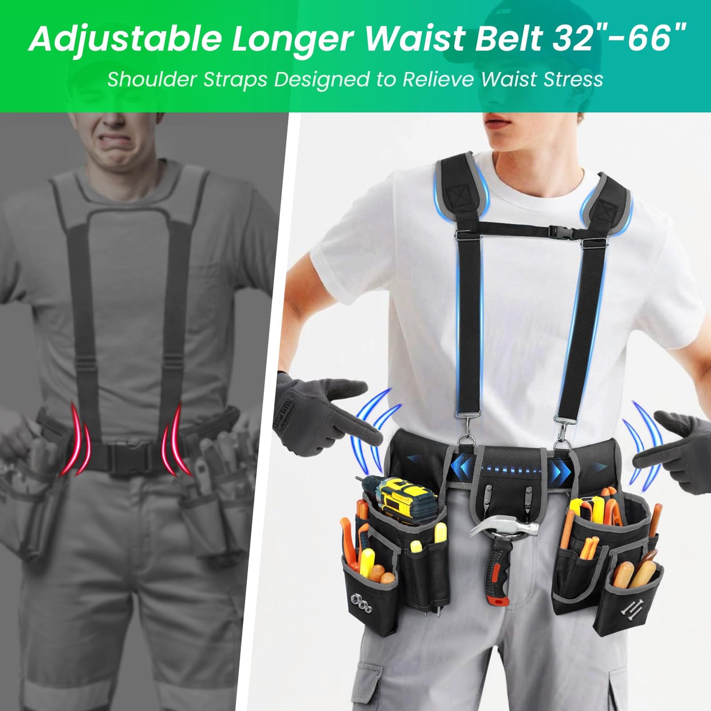 FamilyKit Tool Belt With Suspenders - Magnetic Heavy Duty Tool Belts with 18 Pockets, Tool Pouch with Detachable & Adjustable 32"-66" Waist for Electricians, Carpenters, Framers, Construction,Black