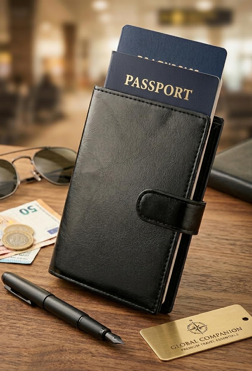 Passport Credit Card Holder - Passport Wallet for Men - Passport Holder for Travel - for 2 Transparent Passport Pockets, Boarding Pass, ID, Credit Cards, Cash, Coin - Family Passport Wallet