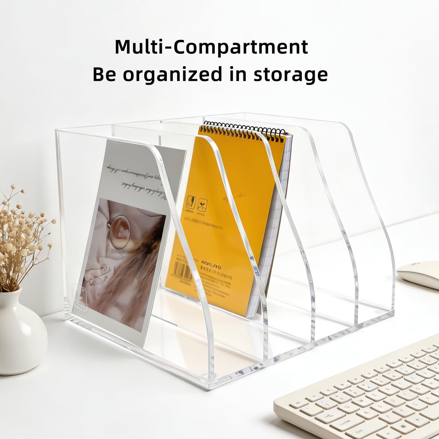 AIDIMOO Acrylic Magazine File Holder, 4 Vertical Compartments Desk Document Sorter Organizer, Clear Folder Rack Binder for Office, Documents, Tablets, Magazines, Books – Home/Classroom Rack