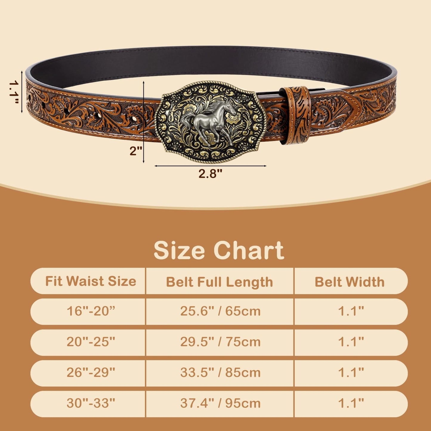 SANSTHS Kids Western Belt for Boys Girls Genuine Leather Cowboy Cowgirl Belts with Detachable Buckle for Jeans Western Gifts, Slivery Horse Buckle/Brown Belt