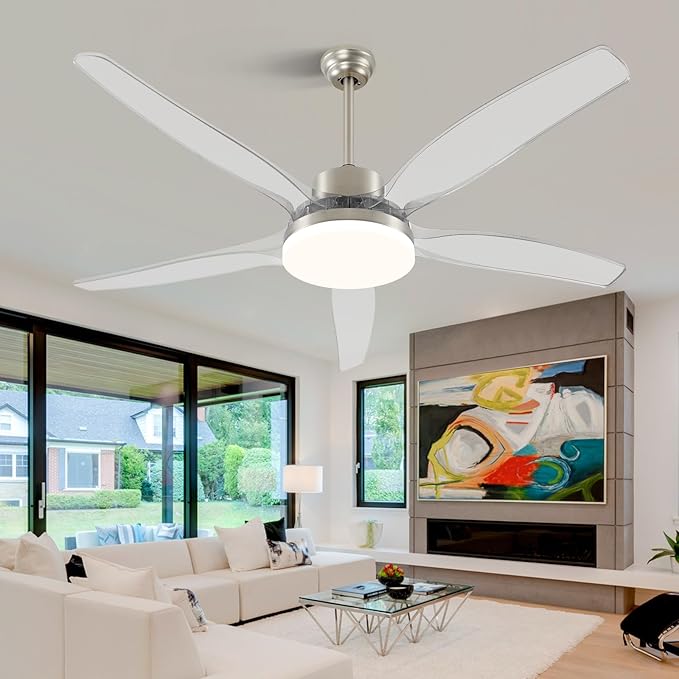 OKELI 58" Smart Ceiling Fan with Light, WiFi Enabled for Alexa & App Control, Reversible Brushed Nickel Modern Ceiling Fan with Dimmable LED Light and Remote, Clear Blades for Living Room Bedroom