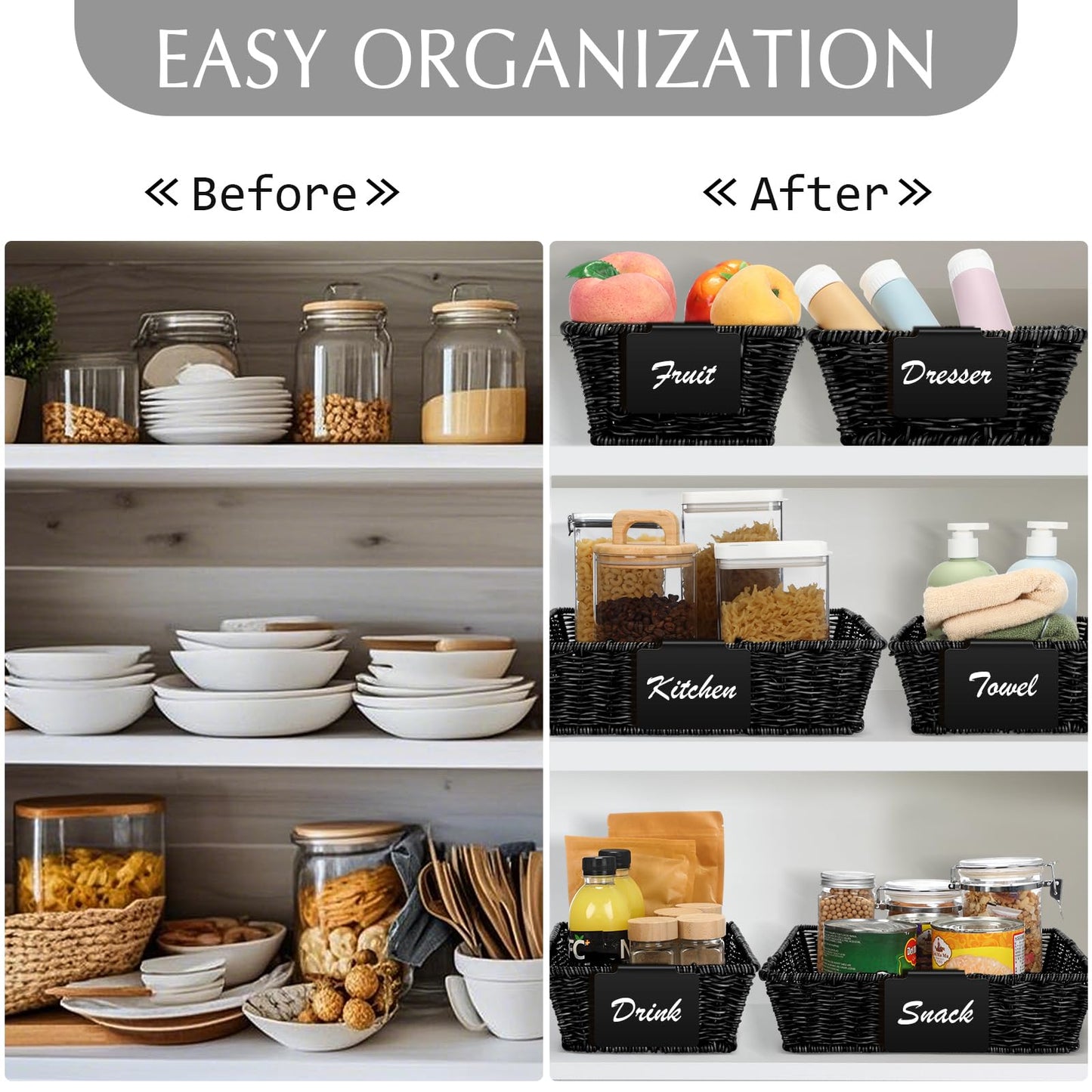 Marsui 9 Pcs Wicker Storage Baskets for Pantry Organization with Handle Labels Handwoven Multi-size Brown Small Organizer Baskets Storage Bins Container for Shelves Closet Toilet Christmas Holiday