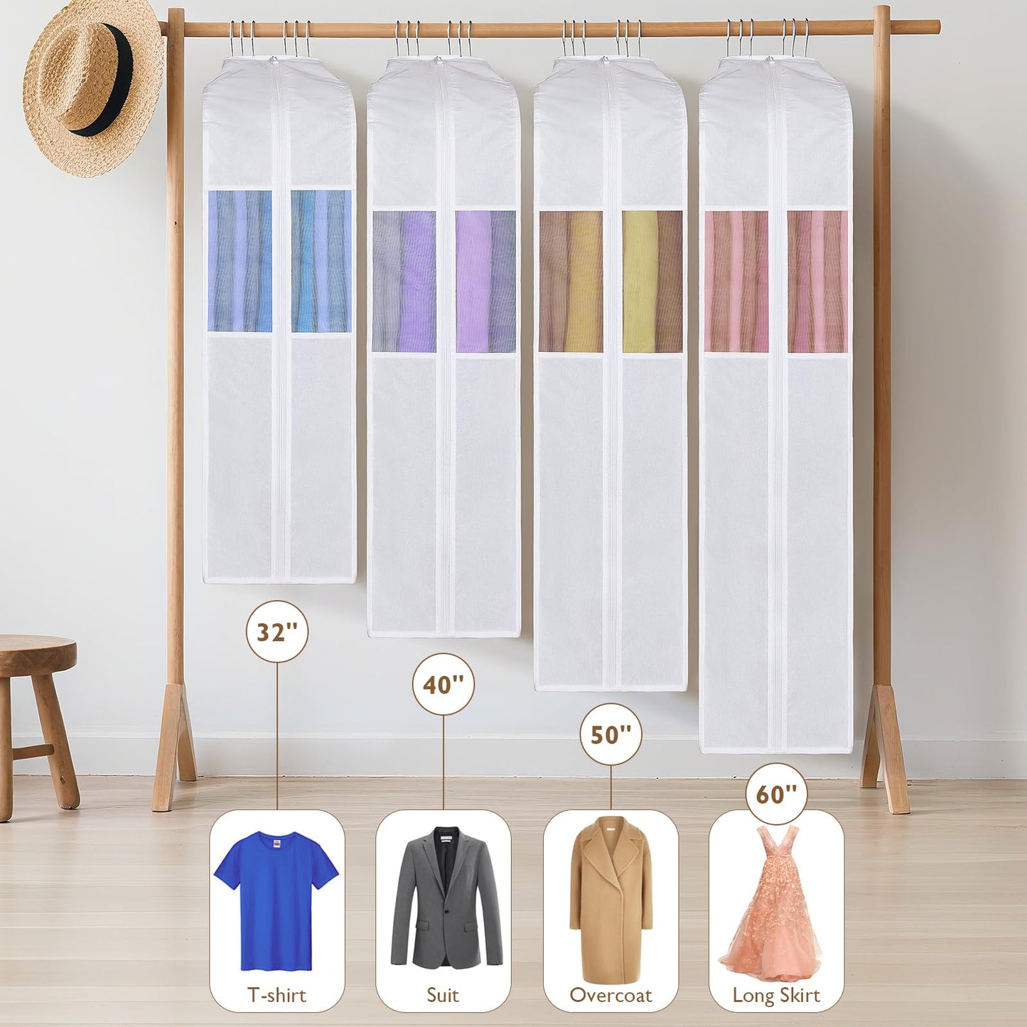 Univivi Premium Cotton Garment Bags for Hanging Clothes and Storage, 40 Inch Washable Suit Cover Bag with Extra Large 10" Gusset & Clear Window - Perfect for Suits, Coats, Jackets - 2 Pack