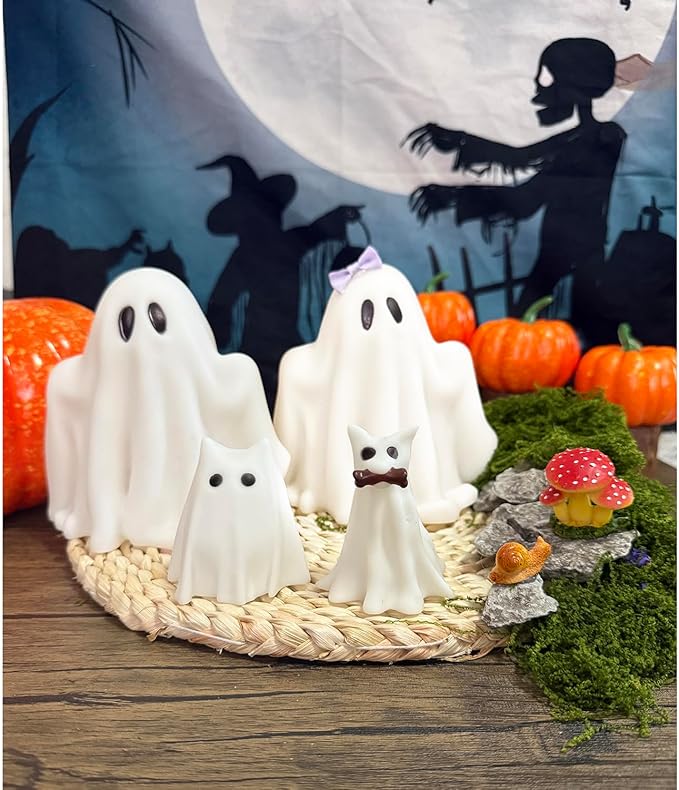 Halloween Decorations Indoor,Ghost Decor, Light Up Ghosts Kit Set of 4,Friendly Pets,Gothic Home Decor(2ghost 1dog 1cat)