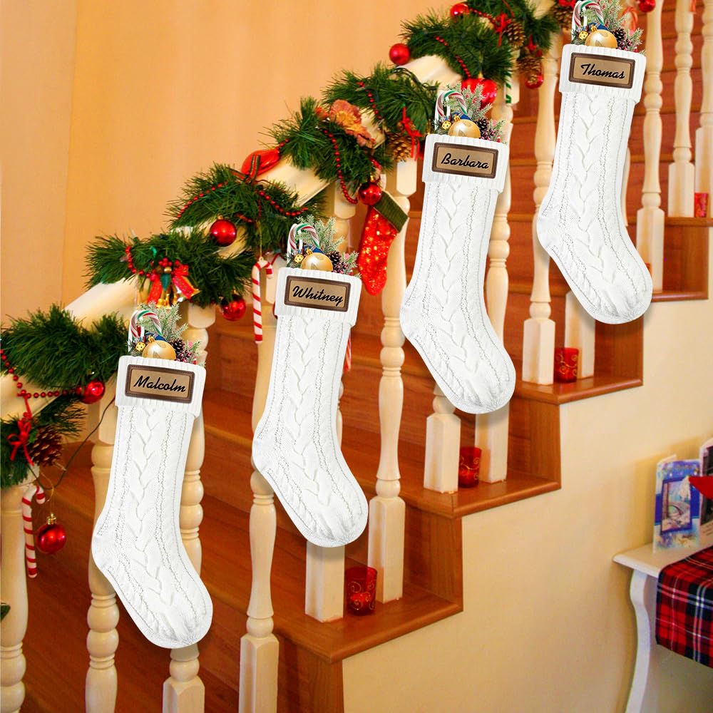 XOYTN 6 Pack Christmas Stockings, 18inch Large White Cable Knitted Stocking Personalized Xmas Hanging Stocking with Leather Patches Custom Name for Christmas Holiday Party Decoration