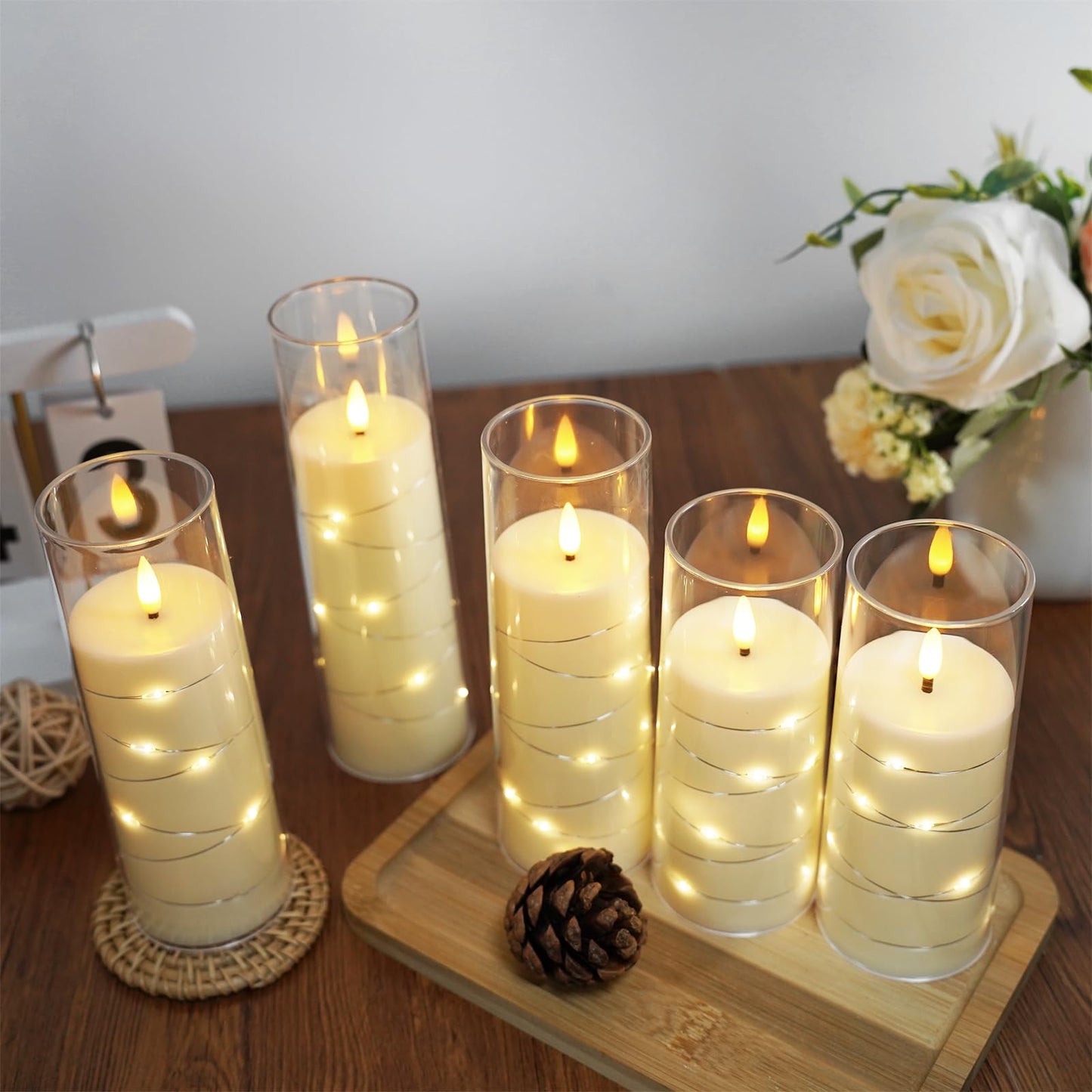 Flameless Candles,with Embedded Star String, Battery Operated Candles Flickering LED Pillar Candles with Remote Control and Timer, Home Decoration Add a Warm and Romantic Atmosphere,Set of 7 (Ivory)
