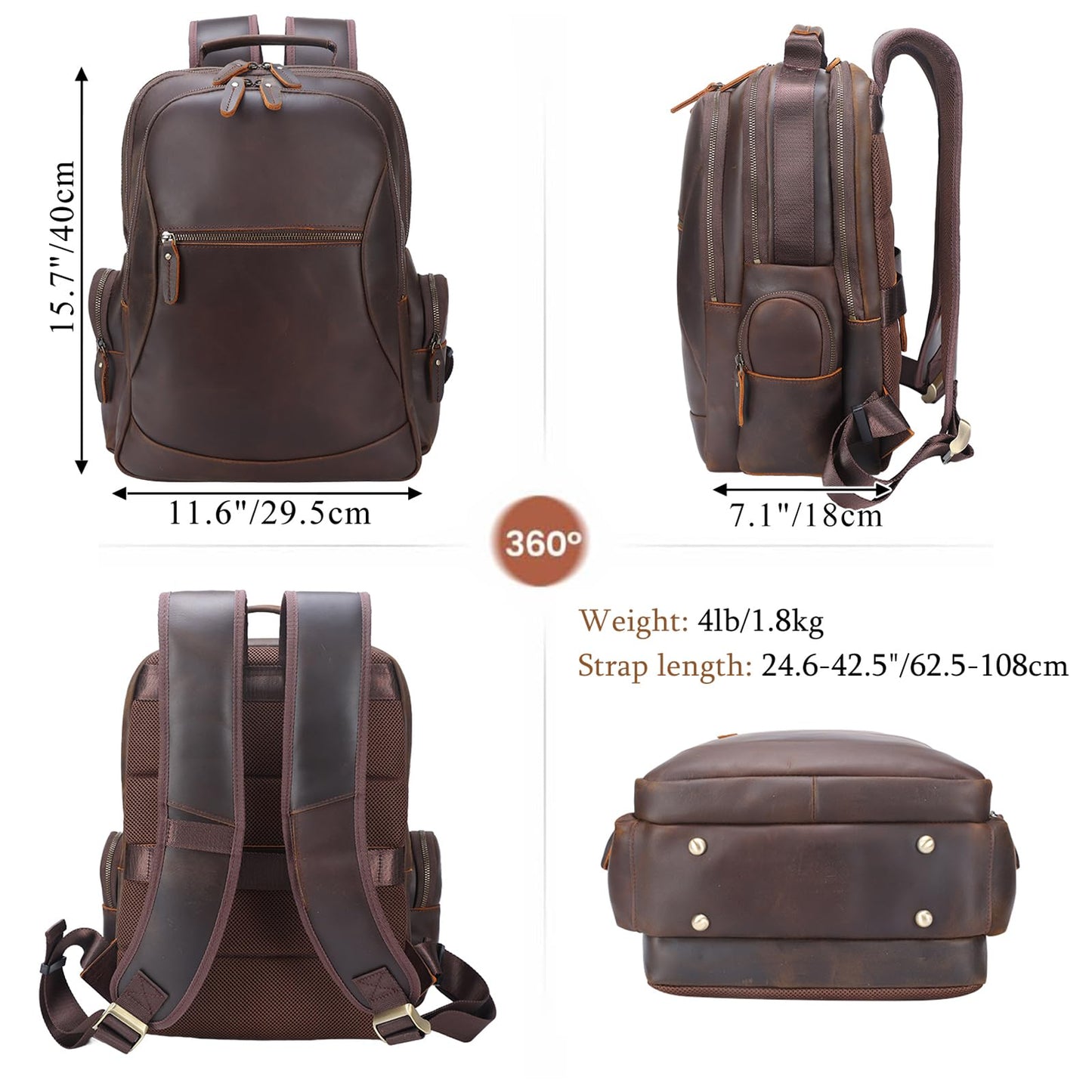 TIDING Vintage Full Grain Leather 15.6 Inch Laptop Backpack for Men Large Capacity Travel Rucksack Weekender Camping Daypacks
