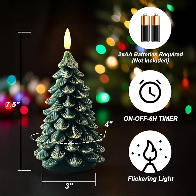 Christmas Decorations Indoor, Christmas Decor - Christmas Tree Candles Battery Operated, Flameless LED Candle Lights with 6H Timer, Xmas Home Decor, Set of 2(Green&Gold)