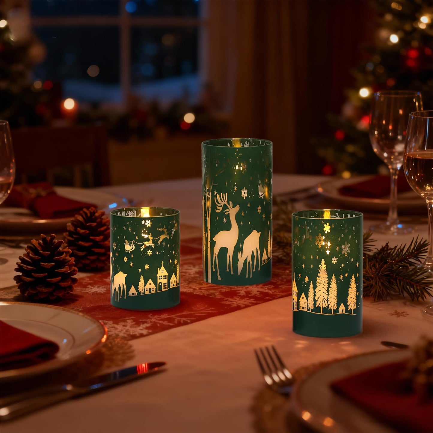 Wondise Christmas Reindeer LED Flameless Candles with Remote Timer, Electroplate Glass Battery Operated Real Wax Flickering 3D Wick Pillar Candles for Christmas Holiday Home Decoration