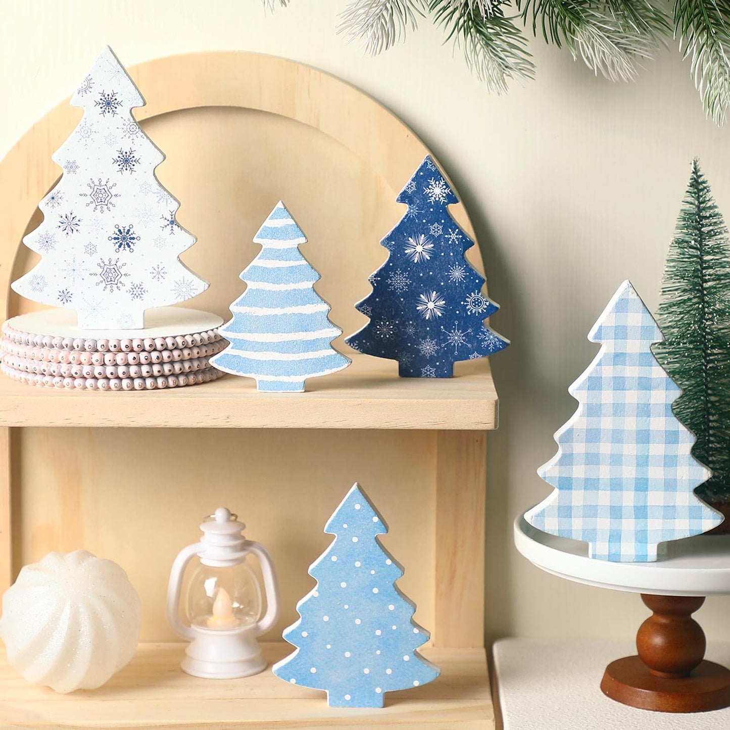 Huwena 5 Pcs Christmas Table Decoration Wooden Xmas Tree Tiered Tray Decor Centerpiece Gift Box Indoor Christmas Tree for Shelf Mantel Fireplace Home Party(Blue Buffalo Plaid)