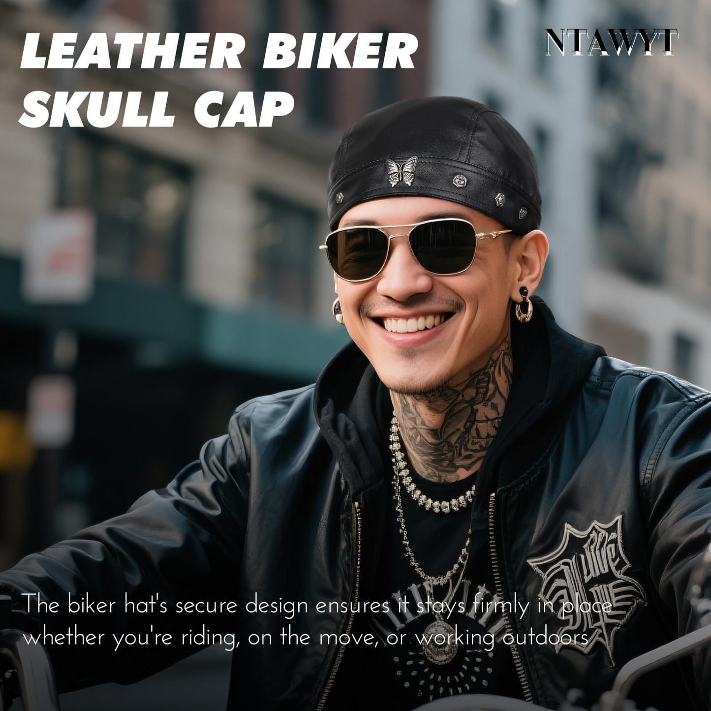 Leather Biker Skull Cap for Women Adjustable Motorcycle Cycling Black Bandana Head Wrap Doo Rag