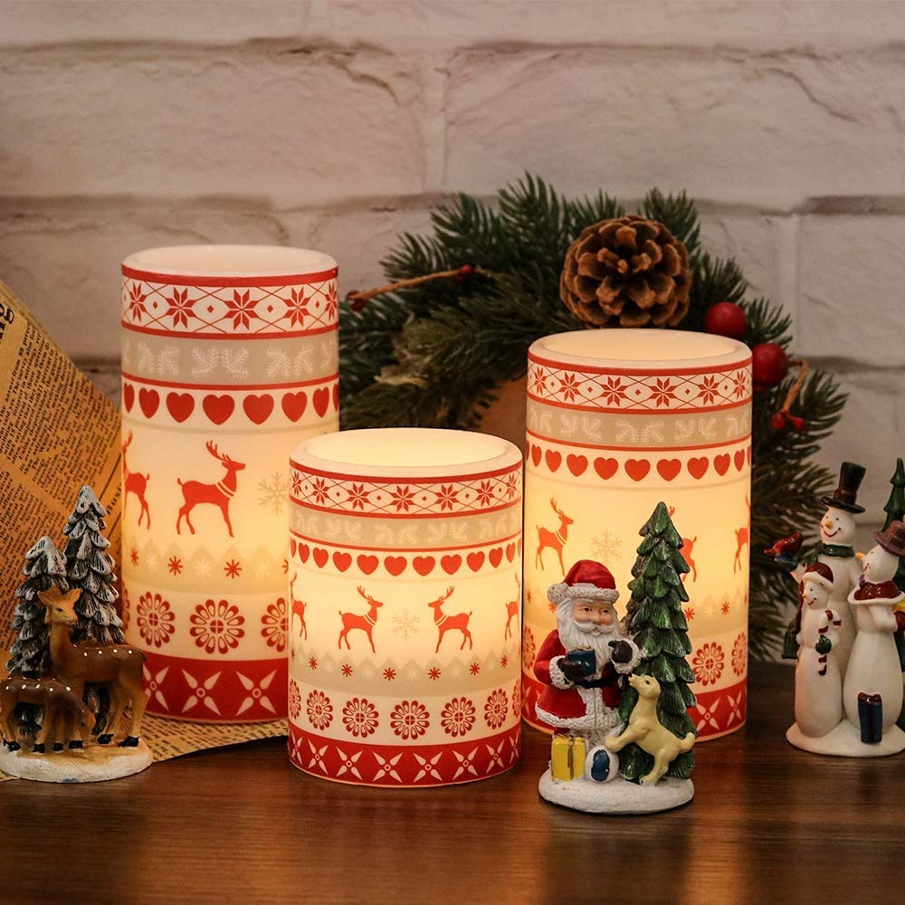 GenSwin Deer Flameless Candles Flickering Battery Operated with 6 Hours Timer, Real Wax Pillar LED Candles Warm Light Love Deer Decal Decor Gift(Pack of 3)