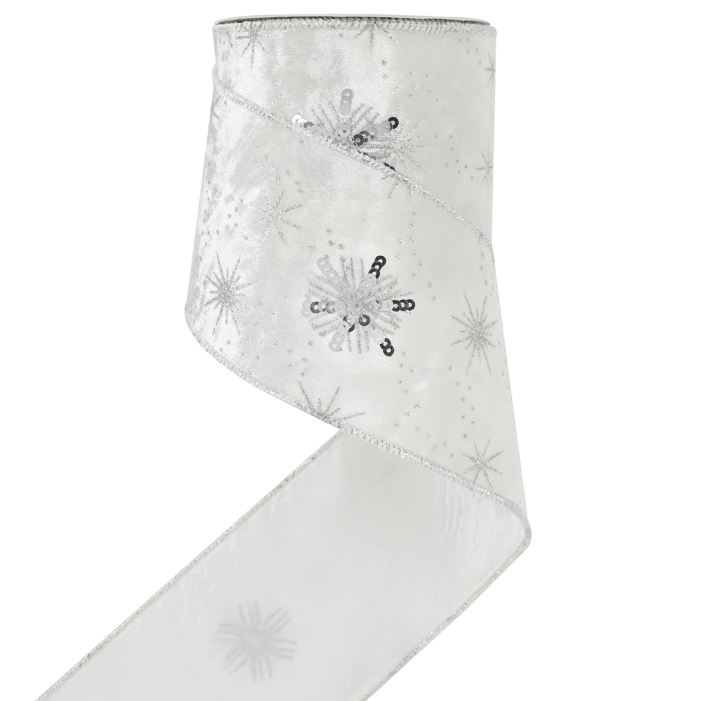 HUIHUANG White Christmas Ribbon 4 Inch Velvet Wired With Sequin Snowflakes - Silver and White for Tree Decoration, Top Bows, Garlands, Staircases, Wreaths - 10 Yards