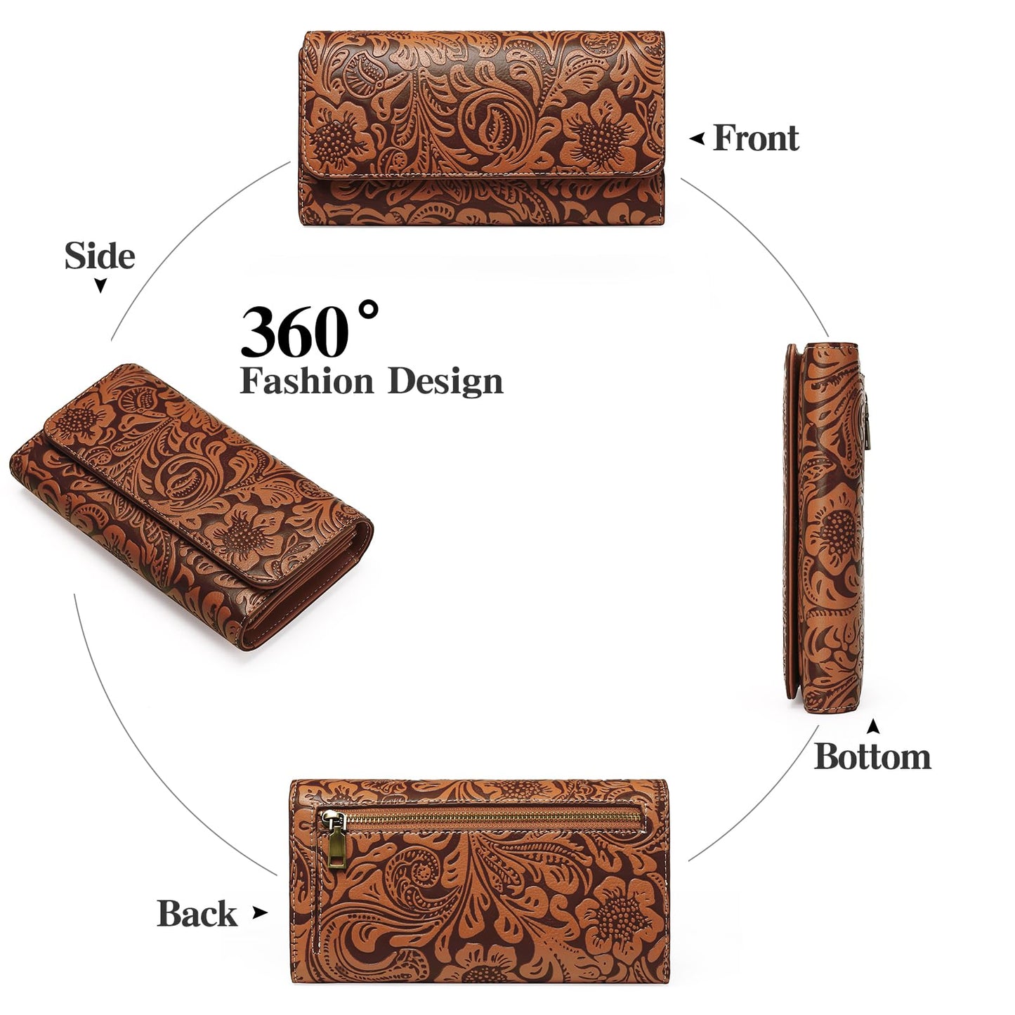 GOIACII Women's Wallet RFID Blocking Long Clutch Ladies Purse Vegan Leather Embossed Flower Brown