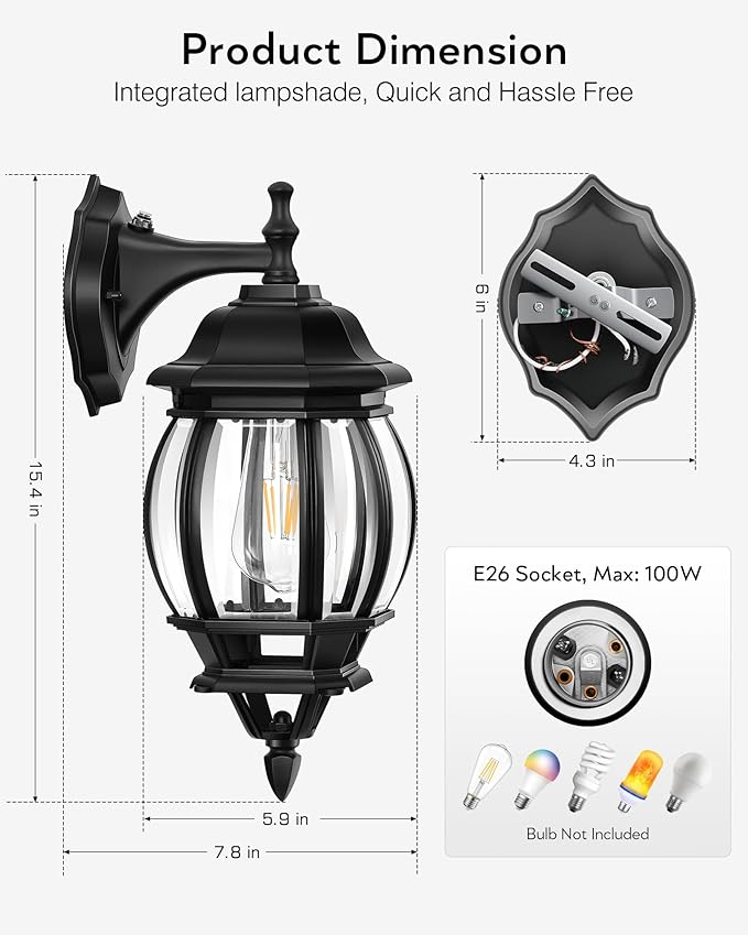 VIANIS Outdoor Porch Light Dusk to Dawn, Black Exterior Lighting Fixtures Wall Mount for House, Modern Outdoor Wall Sconce Lantern for Front Door, Patio, Anti-Rust Waterproof Coach Lights for Garage
